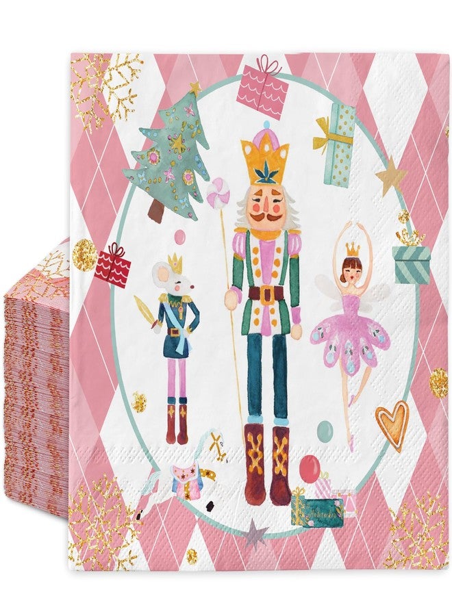 JarThenaAMCS 50Pcs Christmas Paper Napkins Pink Diamond Nutcracker Disposable Luncheon Napkin Sweet Cute Dessert Dinner Hand Napkin for Birthday Baby Shower Wedding - Image 1